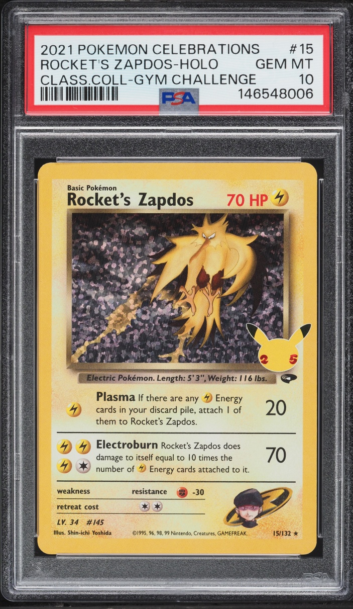 2021 Pokemon Sword & Shield Celebrations Gym Challenge Holo Rocket's Zapdos #15 PSA 10 GEM MINT