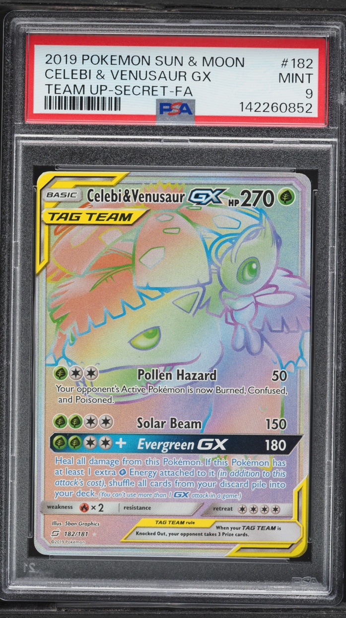 2019 Pokemon Sun & Moon Team Up Rainbow Rare Celebi & Venusaur GX #182 PSA 9 MINT