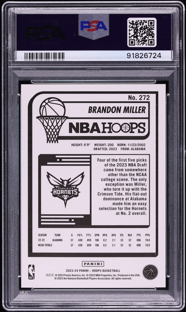 2023 Hoops Gravity Brandon Miller ROOKIE /75 #272 PSA 10 GEM MINT - Photo 2
