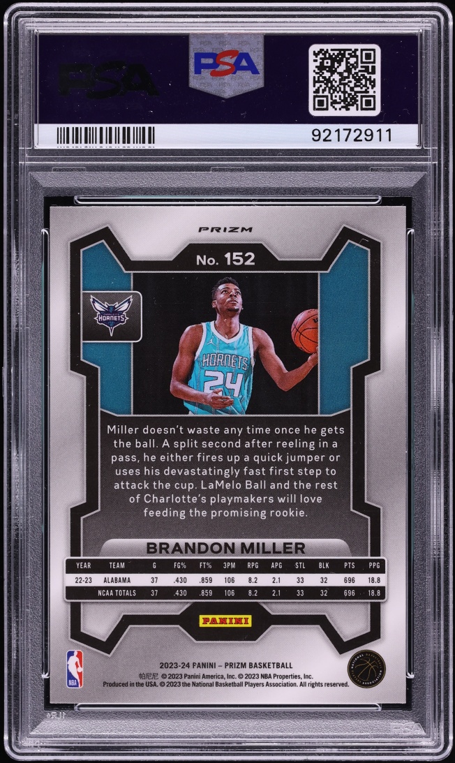 2023 Panini Prizm Silver Brandon Miller ROOKIE #152 PSA 10 GEM MINT - Photo 2