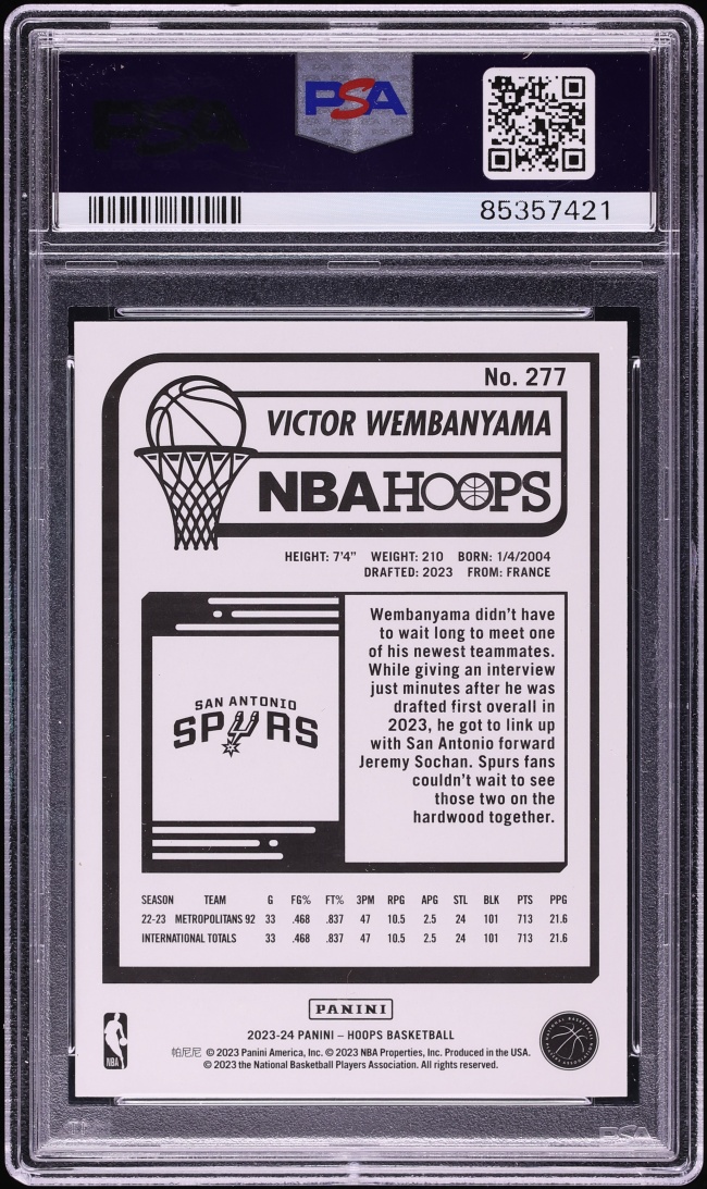 2023 Hoops Gravity Victor Wembanyama ROOKIE /75 #277 PSA 10 GEM MINT - Photo 2