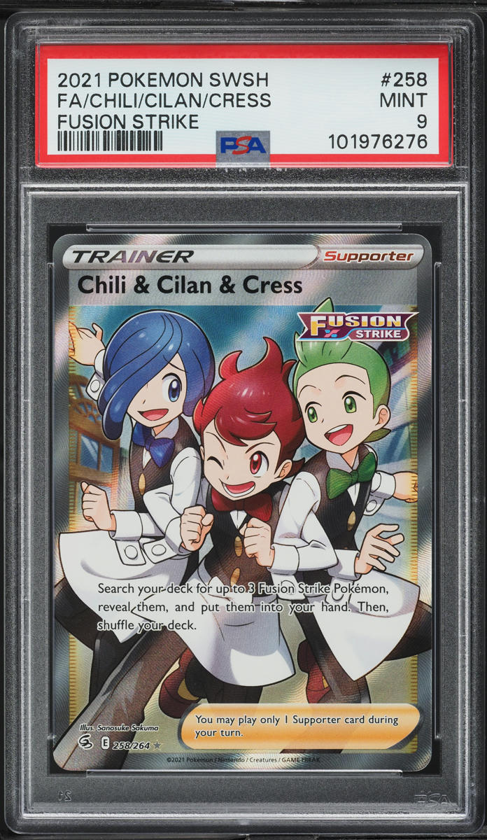 2021 Pokemon Sword & Shield Fusion Strike Full Art Chili Cilan & Cress #258 PSA 9 MINT