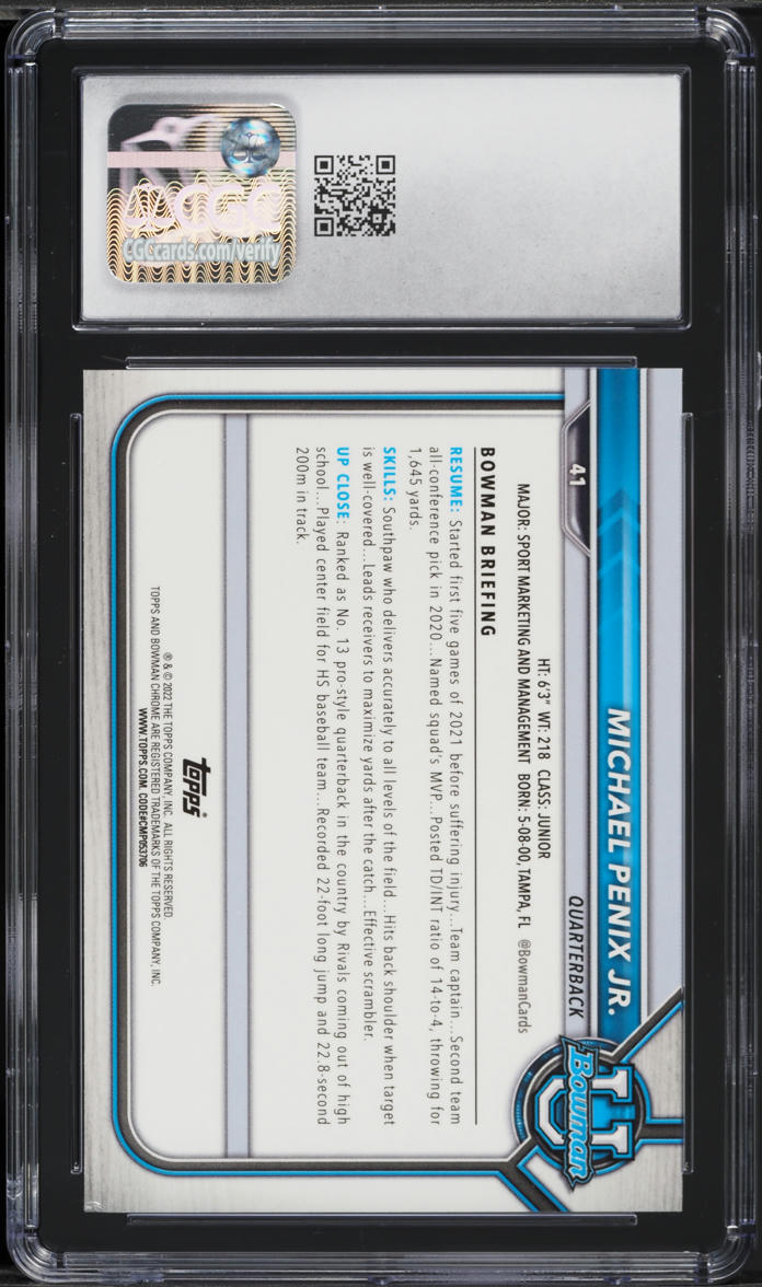 2021 Bowman University Refractor Michael Penix Jr. ROOKIE #41 CGC 6 EXMT