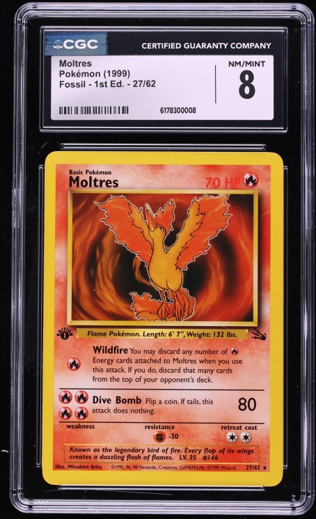 1999 Pokemon Fossil 1st Edition Moltres #27 CGC 8 NM-MT