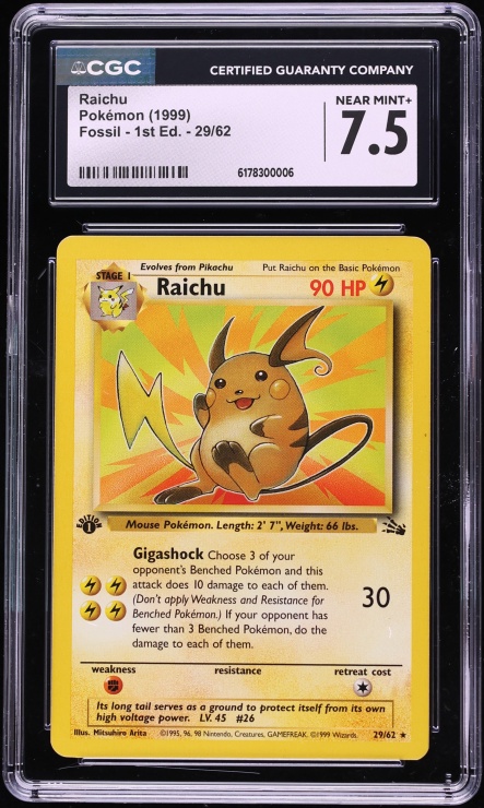 1999 Pokemon Fossil 1st Edition Raichu #29 CGC 7.5 NRMT+