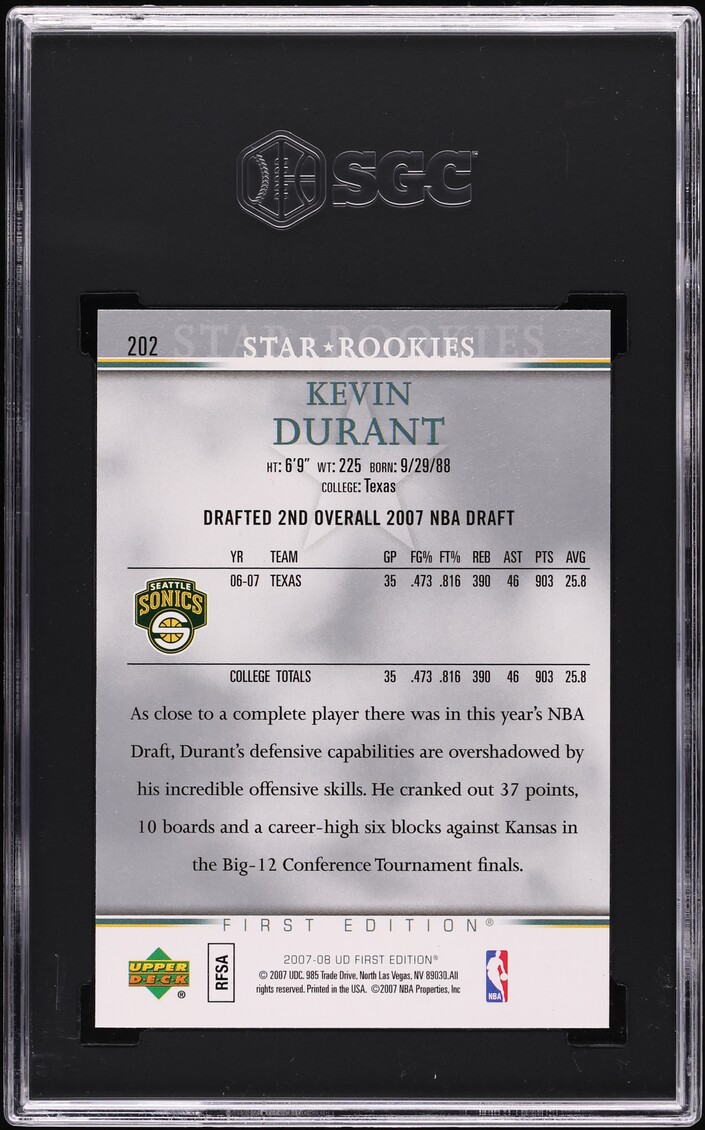 2007 Upper Deck First Edition Kevin Durant ROOKIE #202 SGC 9 MINT