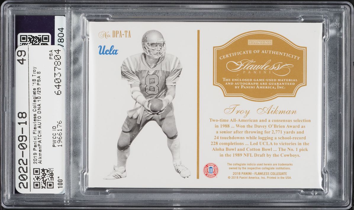 2019 Panini Flawless Collegiate Update '18 Dual Troy Aikman PATCH AUTO DNA 10 /25 #DPA-TA PSA 8