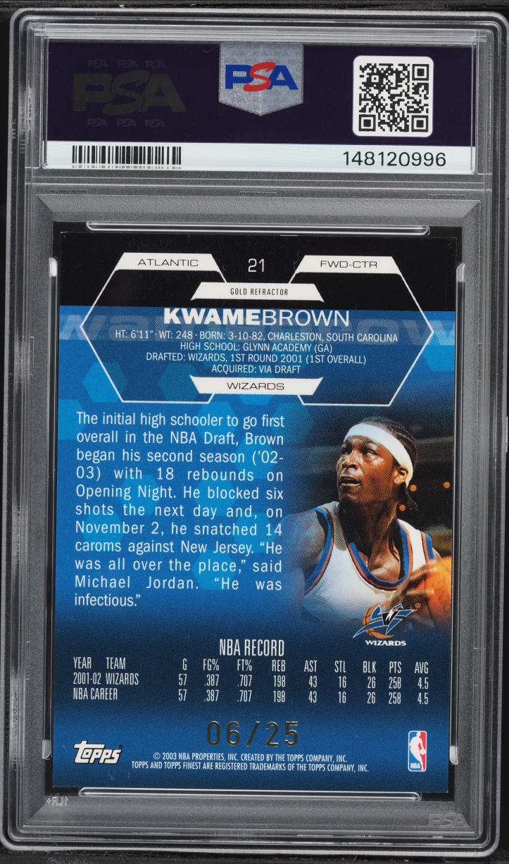 2002 Finest Gold Refractor Kwame Brown /25 #21 PSA 8 NM-MT