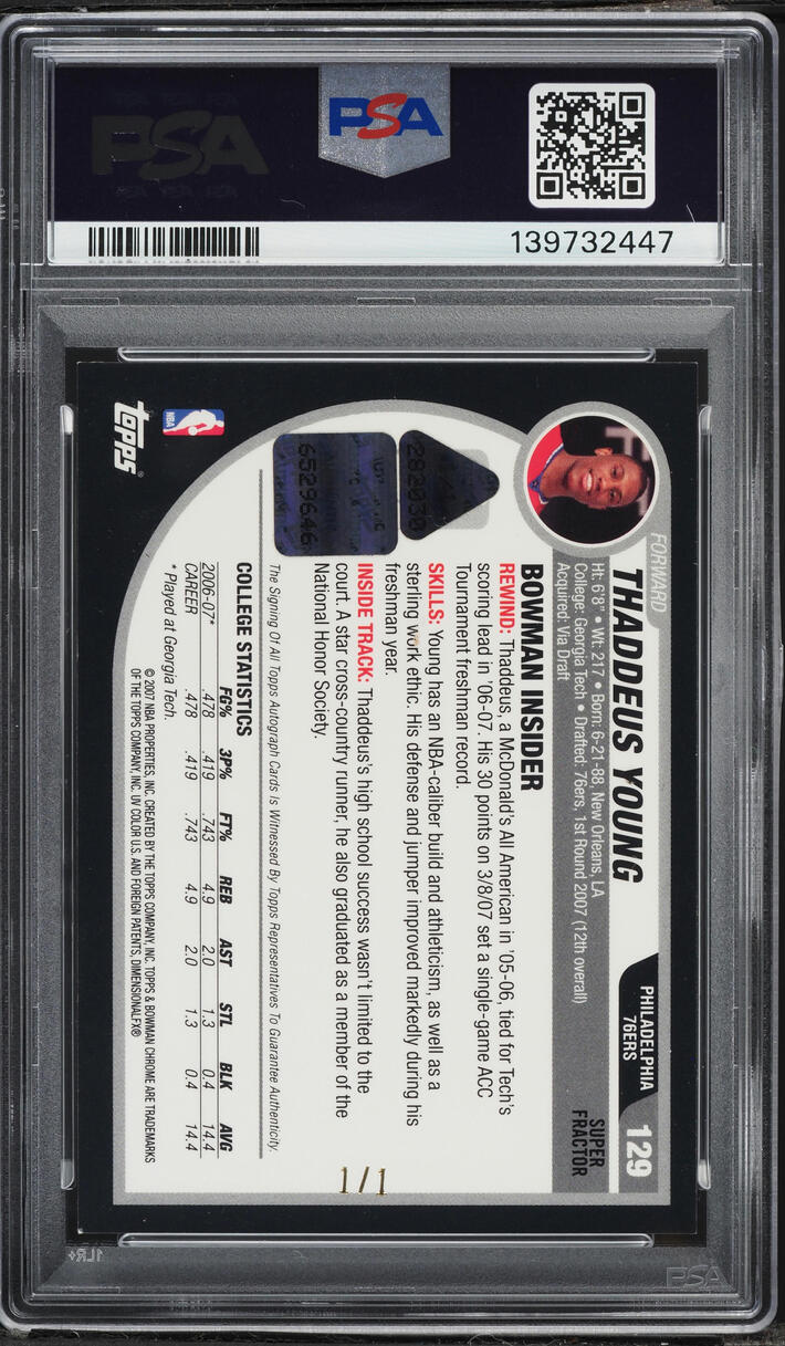 2007 Bowman Chrome Superfractor Thaddeus Young ROOKIE AUTO 1/1 #129 PSA 8 NM-MT