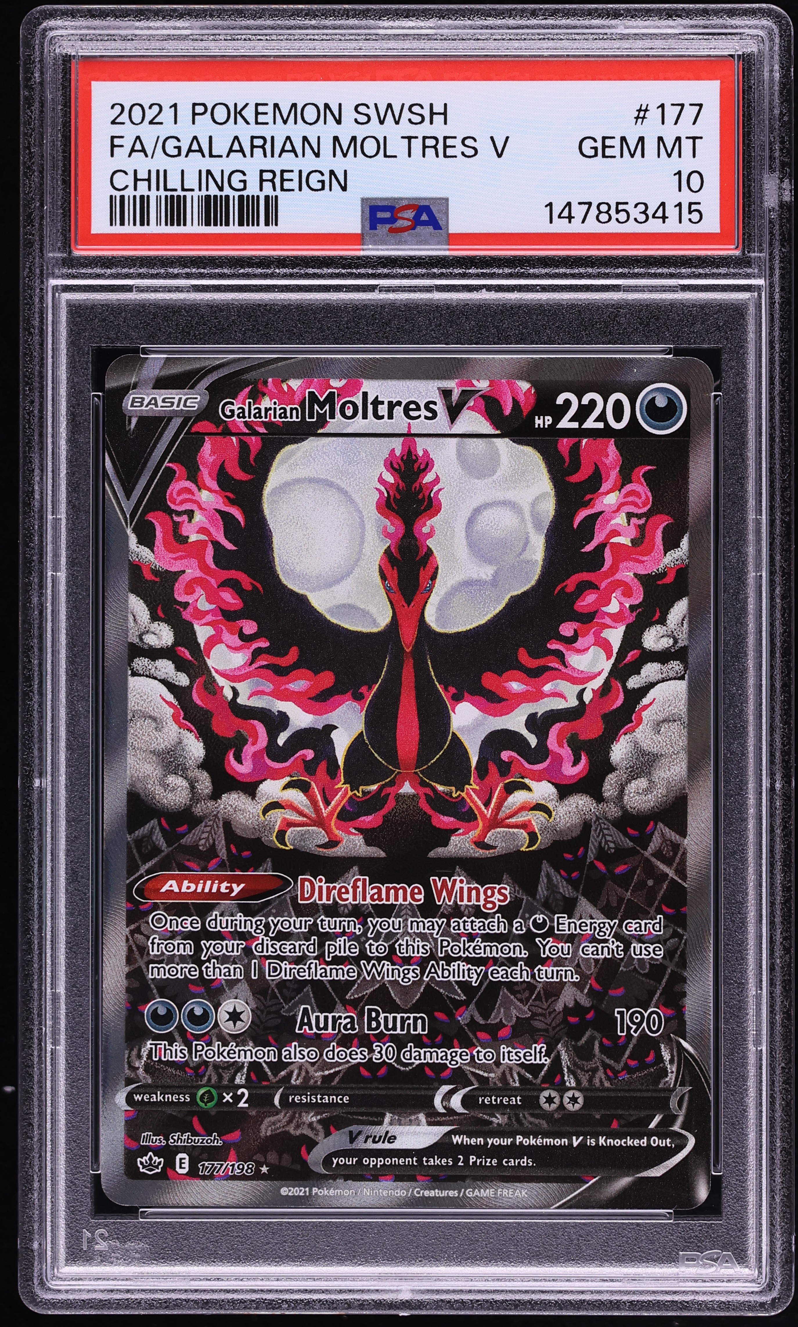 2021 Pokemon Sword & Shield Chilling Reign Full Art Galarian Moltres V #177 PSA 10 GEM MINT