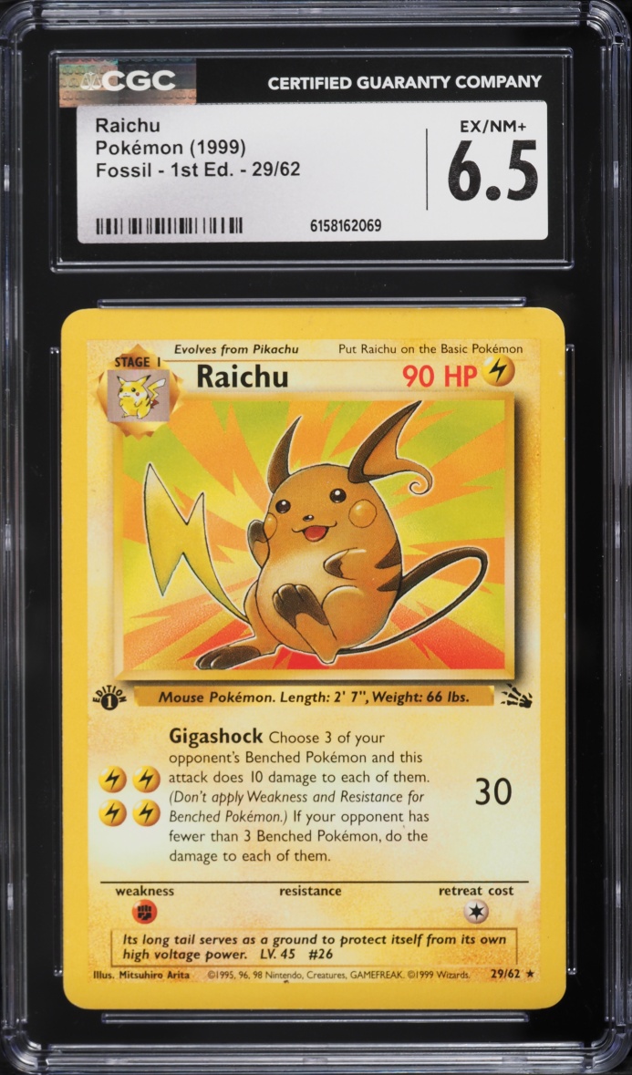 1999 Pokemon Fossil 1st Edition Raichu #29 CGC 6.5 EXMT+