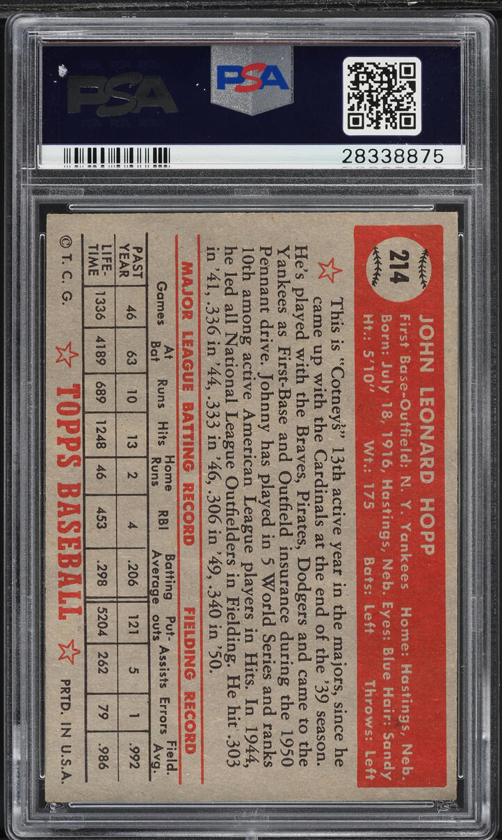 1952 Topps Johnny Hopp #214 PSA 7 NRMT