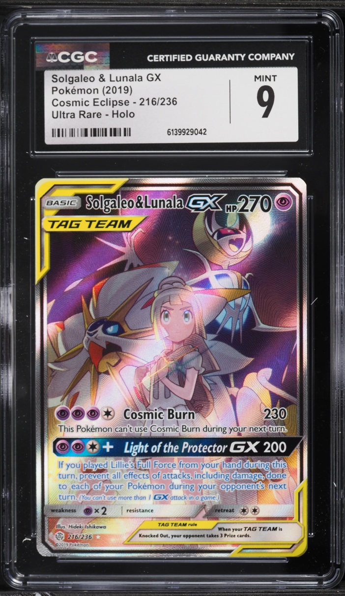 2019 Pokemon Sun & Moon Cosmic Eclipse Alt Art Solgaleo & Lunala GX #216 CGC 9 MINT