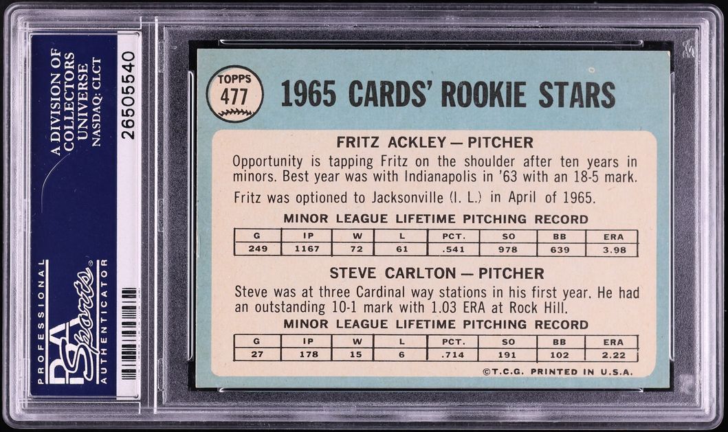 1965 Topps Cardinals Fritz Ackley & Steve Carlton ROOKIE #477 PSA 7 NRMT