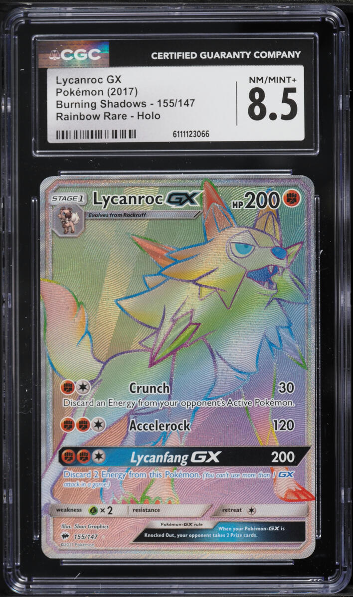 2017 Pokemon Sun & Moon Burning Shadows Rainbow Rare Lycanroc GX #155 CGC 8.5 NM-MT+