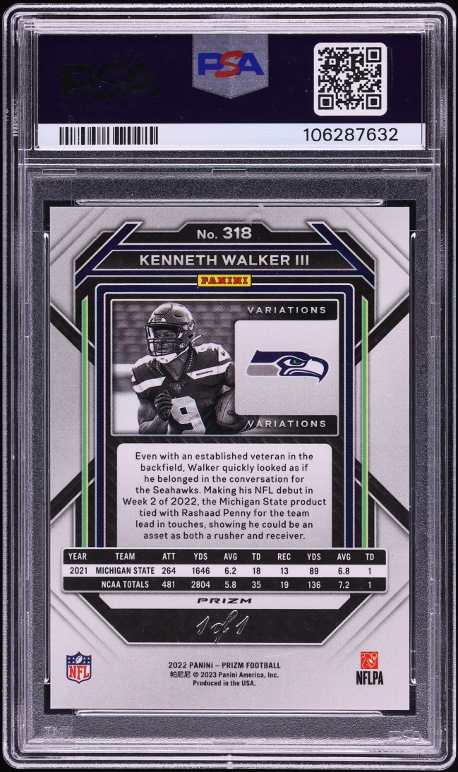 2022 Panini Prizm Variation Black Finite Kenneth Walker III ROOKIE 1/1 #318 PSA 9 MINT