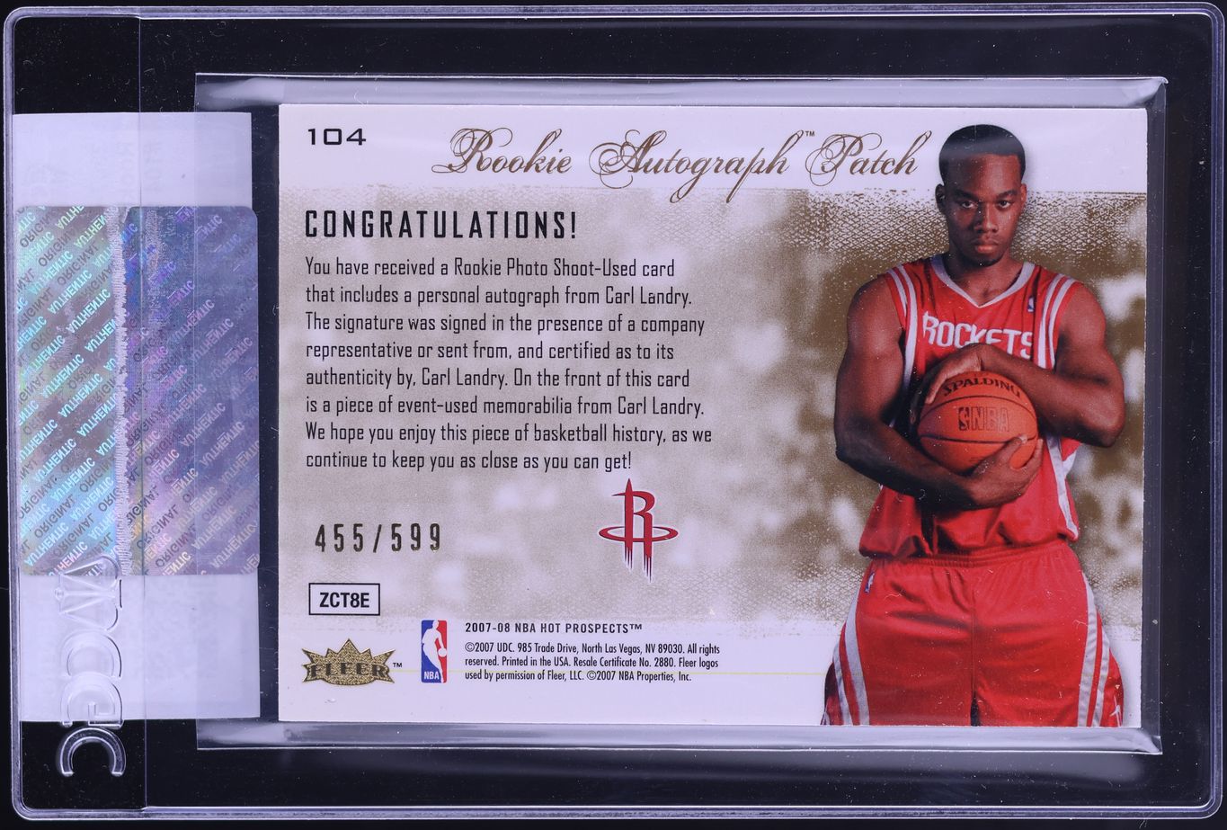 2007 Fleer Hot Prospects Carl Landry ROOKIE PATCH AUTO /599 #104 CGC AUTH