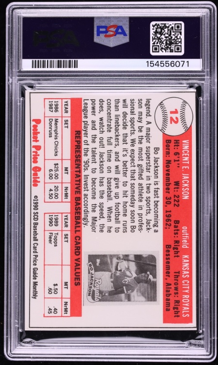 1990 SCD Baseball Pocket Price Guides Bo Jackson #12 PSA 10 GEM MINT