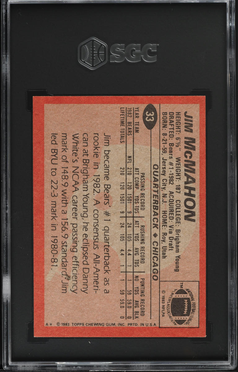 1983 Topps Football Jim McMahon ROOKIE #33 SGC 6 EXMT