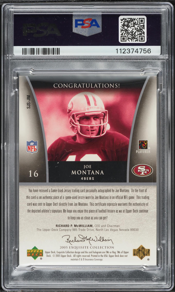 2005 Exquisite Collection Super Joe Montana PATCH AUTO /15 #SJSJM PSA 8 NM-MT
