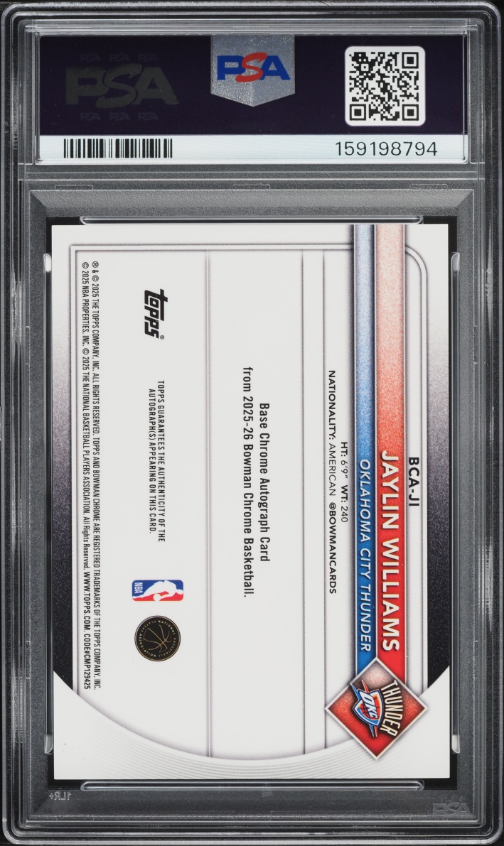2025 Bowman Chrome Yellow Refractor Jaylin Williams AUTO /75 #BCA-JI PSA 9 MINT