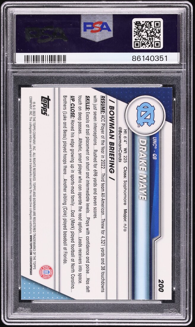 2023 Bowman Chrome University Drake Maye ROOKIE #200 PSA 10 GEM MINT