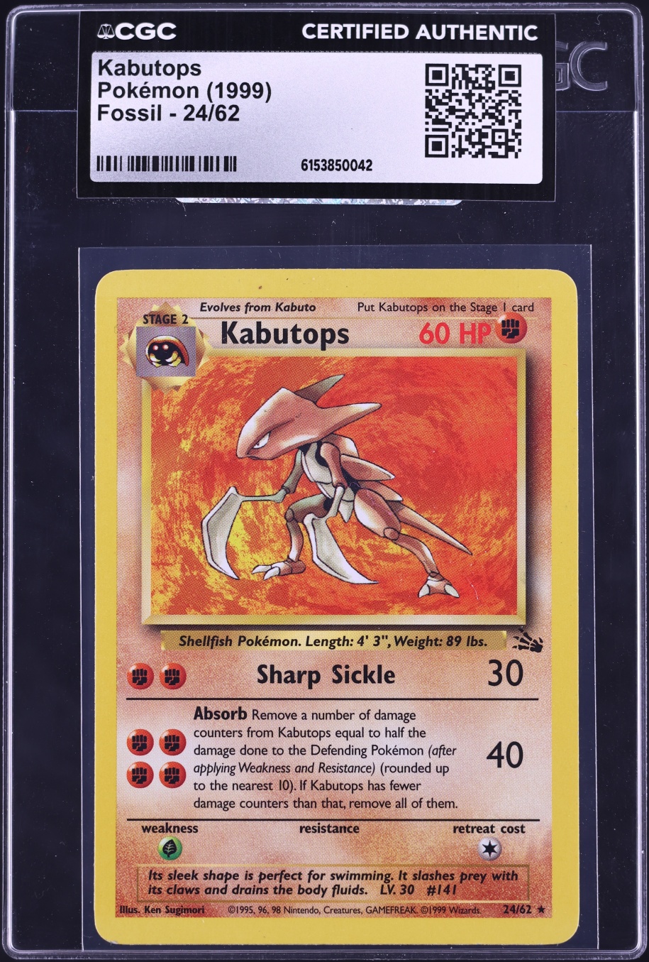 1999 Pokemon Fossil Kabutops #24 CGC AUTH