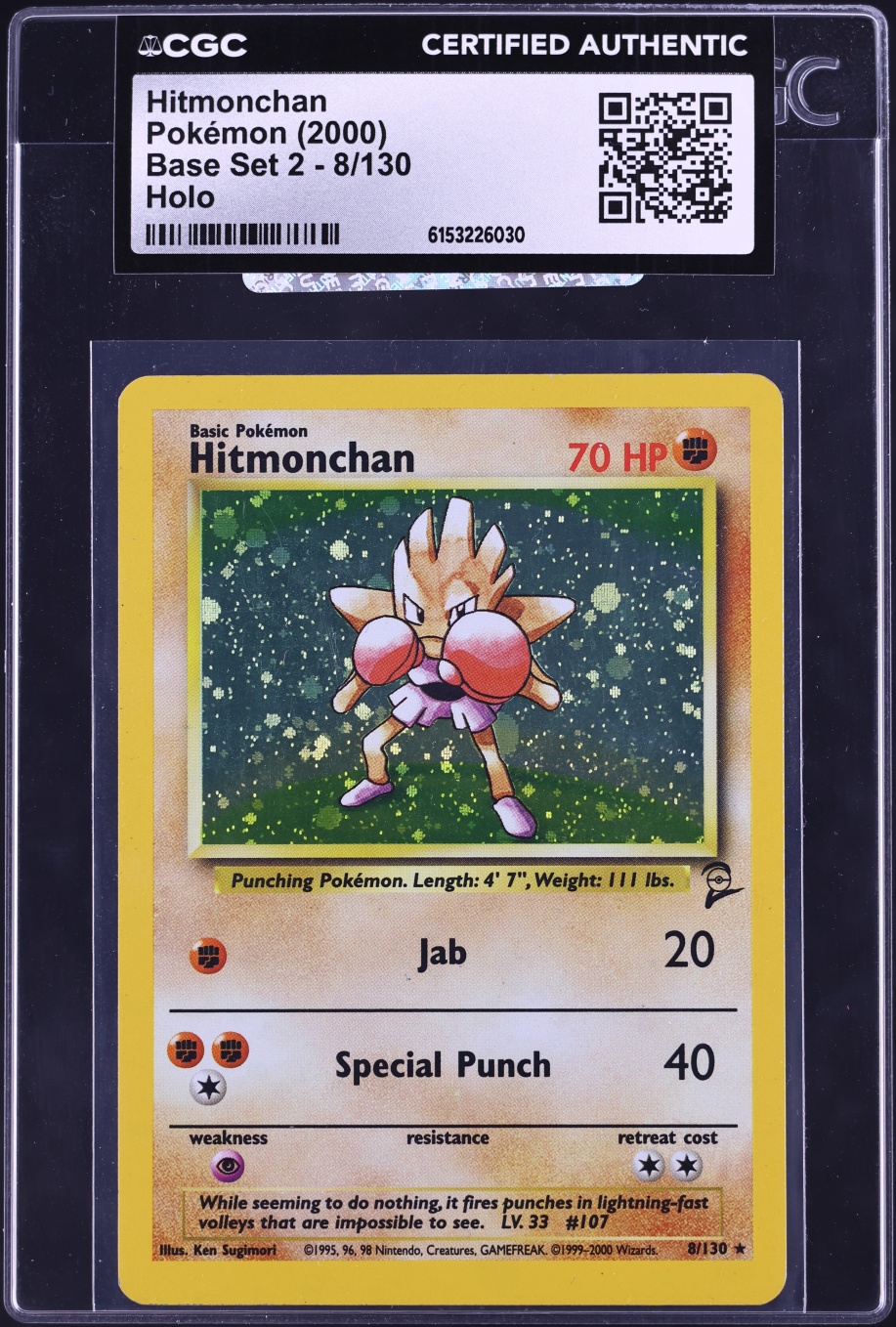 2000 Pokemon Base Set 2 Holo Hitmonchan #8 CGC AUTH