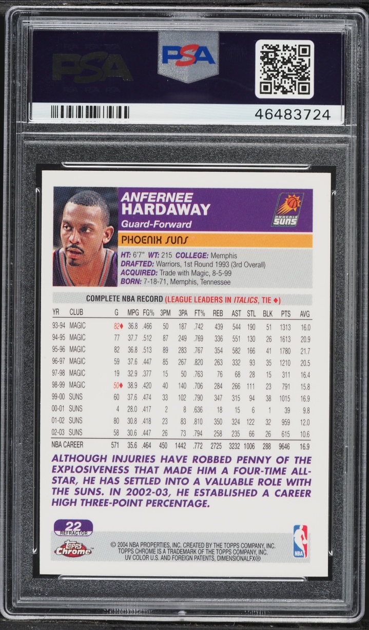 2003 Topps Chrome Refractor Anfernee Hardaway #22 PSA 10 GEM MINT