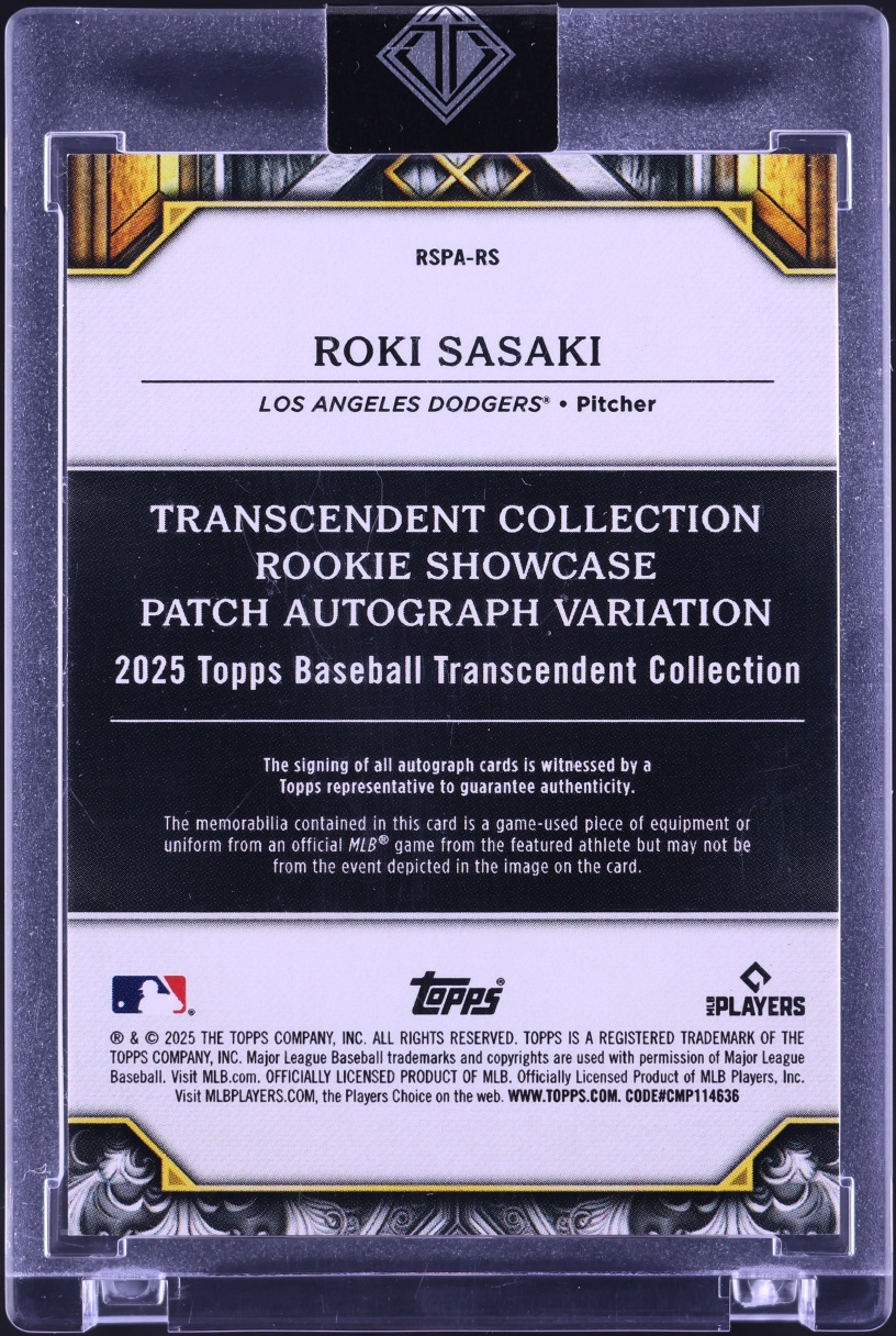 2025 Topps Transcendent Showcase Blue Roki Sasaki ROOKIE PATCH AUTO /10 #RSPA-RS