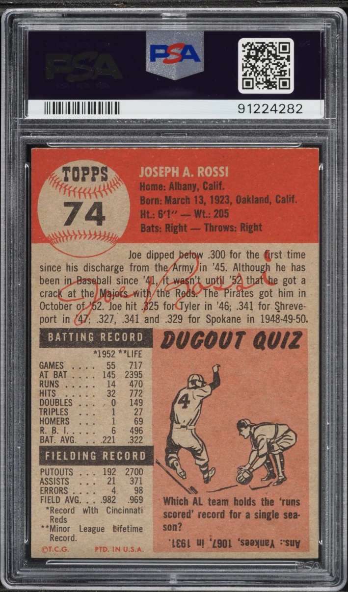 1953 Topps Joe Rossi #74 PSA 8 NM-MT