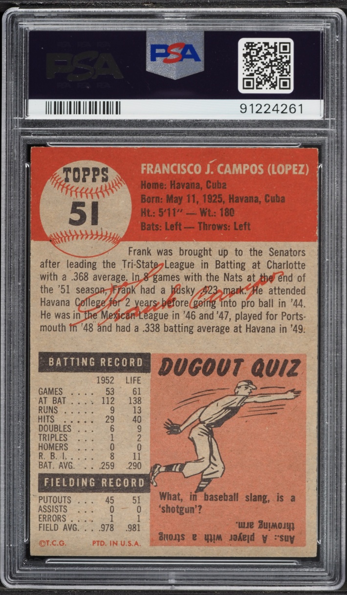 1953 Topps Frank Campos #51 PSA 7 NRMT