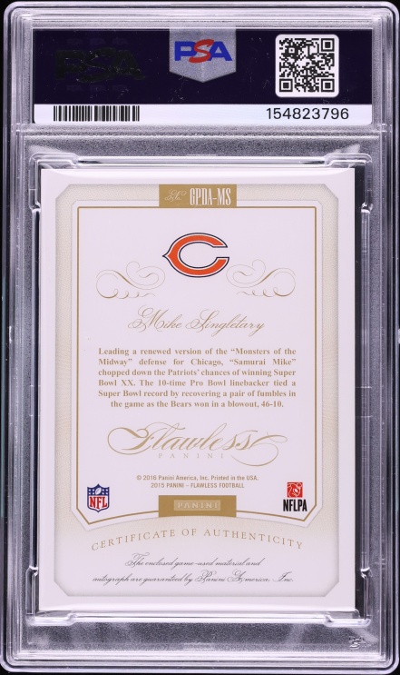 2015 Panini Flawless Greats Dual Emerald Mike Singletary PATCH /5 #GPDA-MS PSA 9 MINT - Photo 2