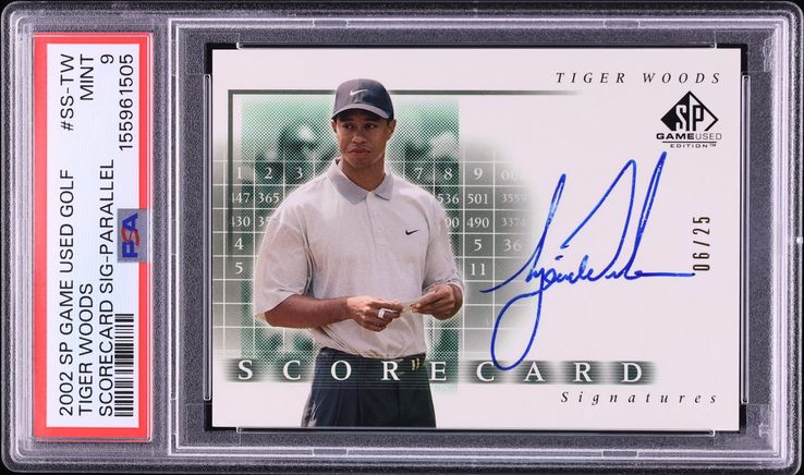 2002 SP Game Used Scorecard Parallel Tiger Woods AUTO /25 #SS-TW PSA 9 MINT - Photo 1