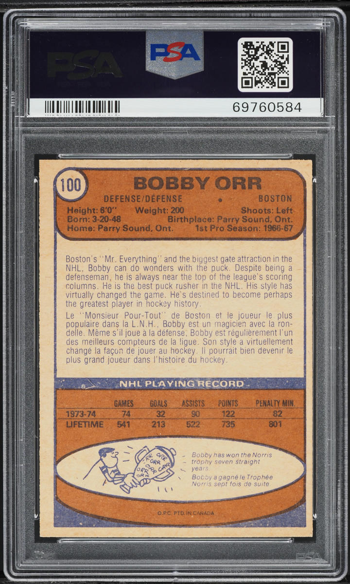 1974 O-Pee-Chee Hockey Bobby Orr #100 PSA 7 NRMT