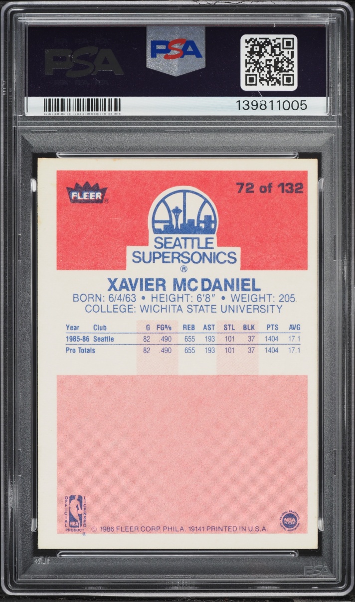 1986 Fleer Basketball Xavier McDaniel #72 PSA 7 NRMT