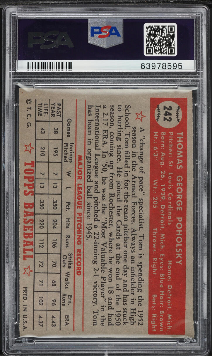 1952 Topps Tom Poholsky #242 PSA 7 NRMT