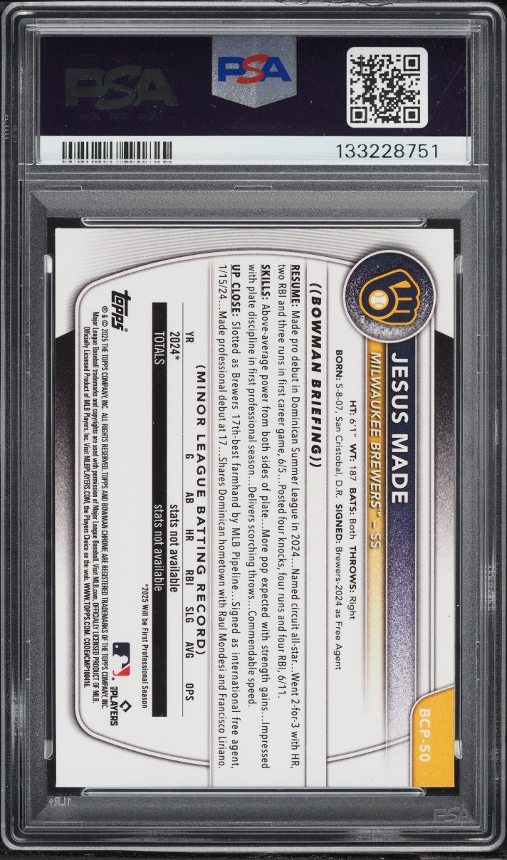 2025 Bowman Chrome Reptilian Refractor Jesus Made PROSPECT #BCP-50 PSA 8 NM-MT