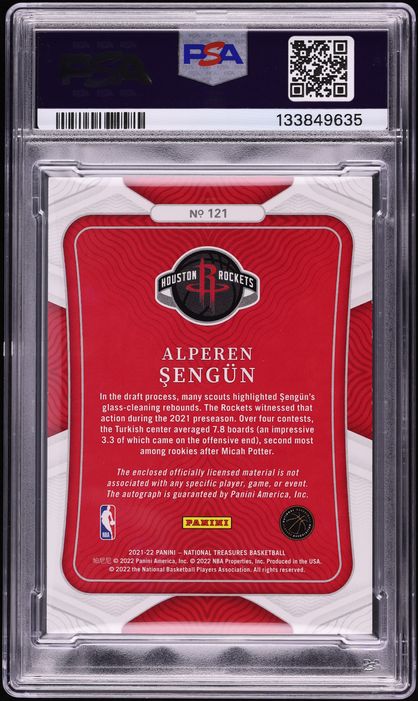 2021 National Treasures Alperen Sengun ROOKIE PATCH AUTO /99 #121 PSA 10 GEM MINT