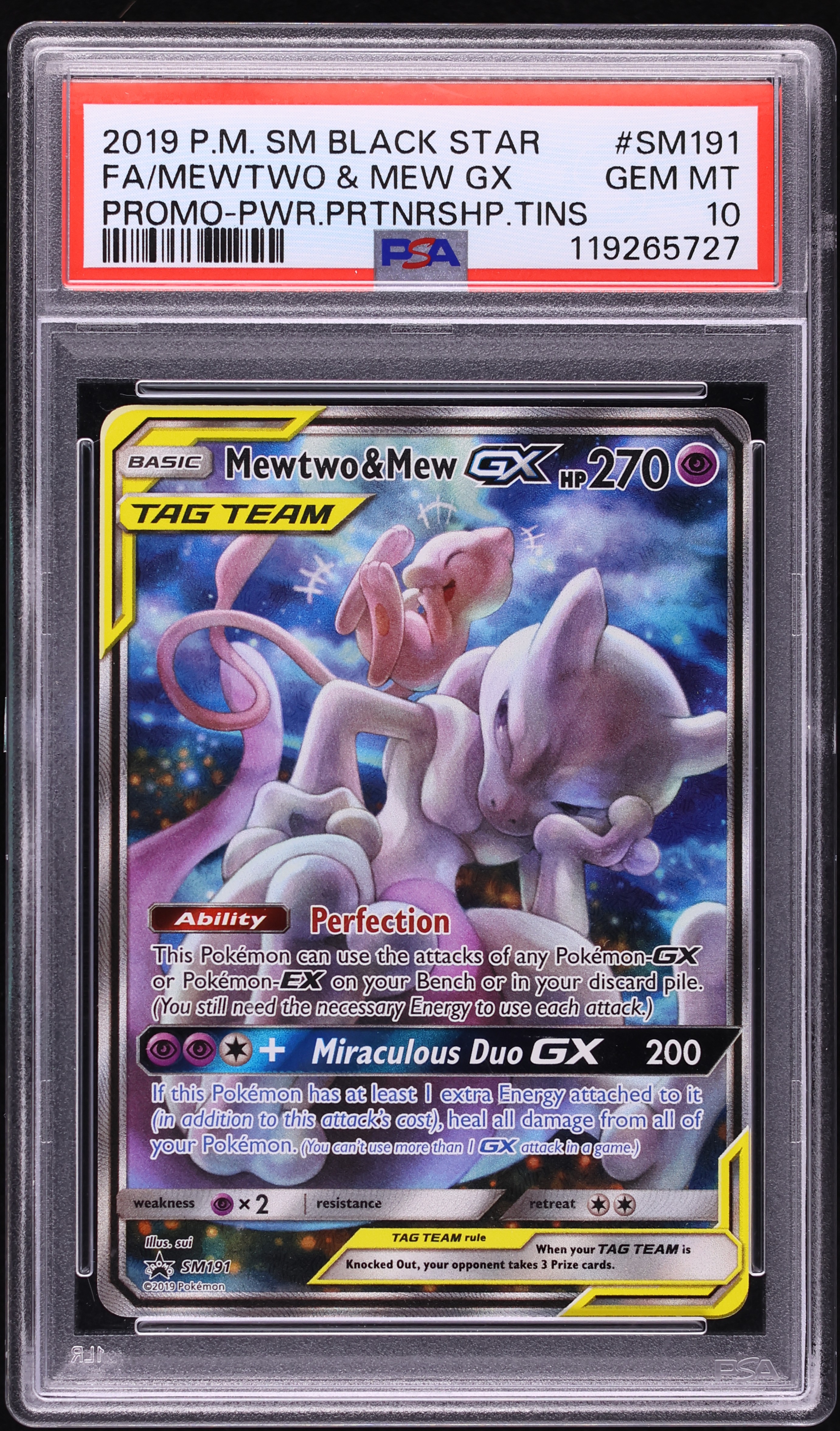 2019 Pokemon SM Promo Power Partnership Tin Full Art Mewtwo & Mew GX #SM191 PSA 10 GEM MINT
