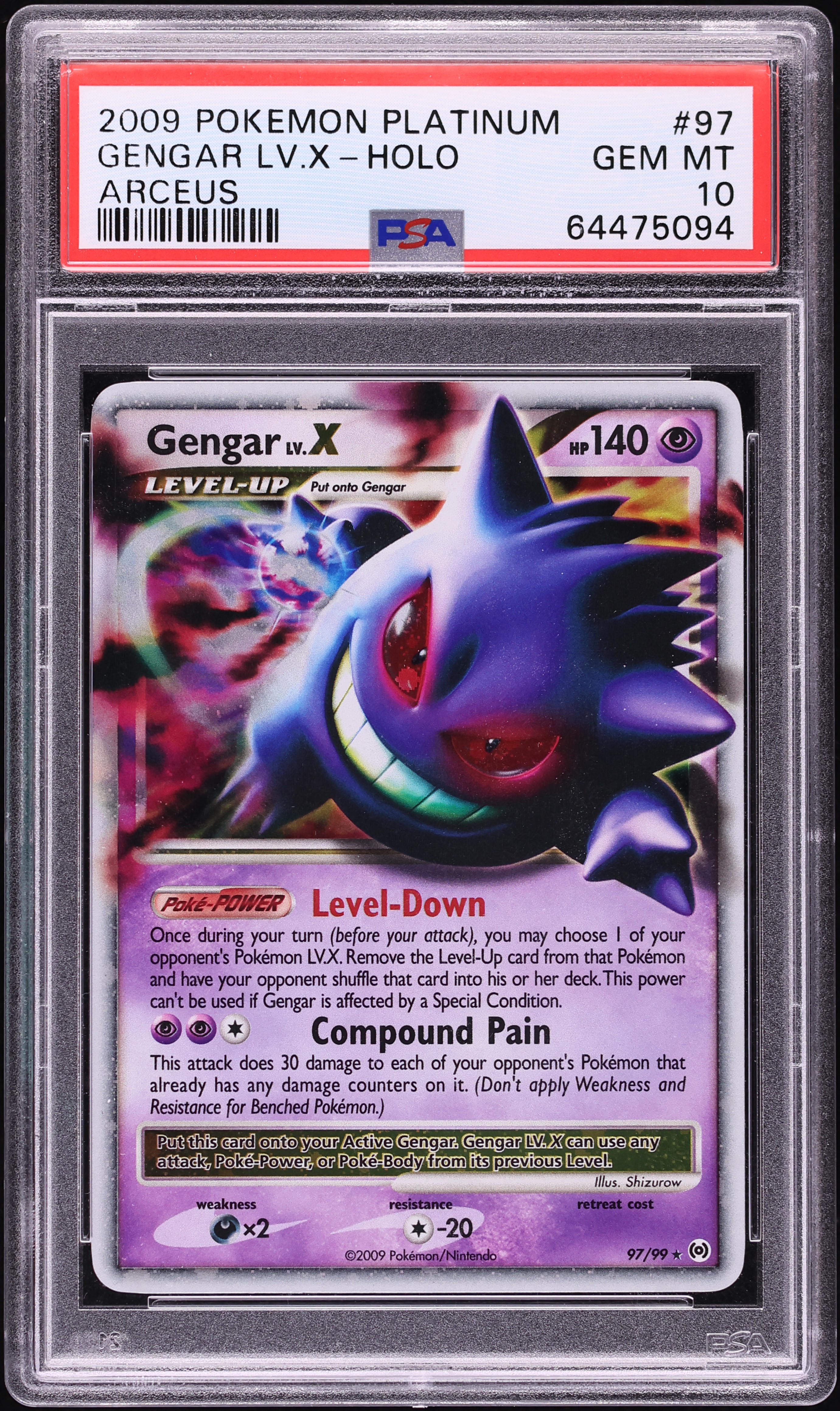 2009 Pokemon Platinum Arceus Holo Gengar LV.X #97 PSA 10 GEM MINT