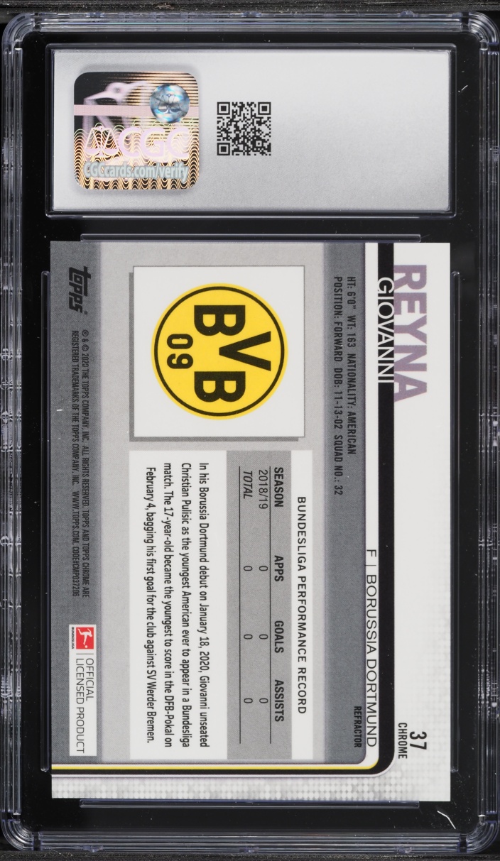 2019 Topps Chrome Bundesliga Refractor Giovanni Reyna ROOKIE #37 CGC 9 MINT