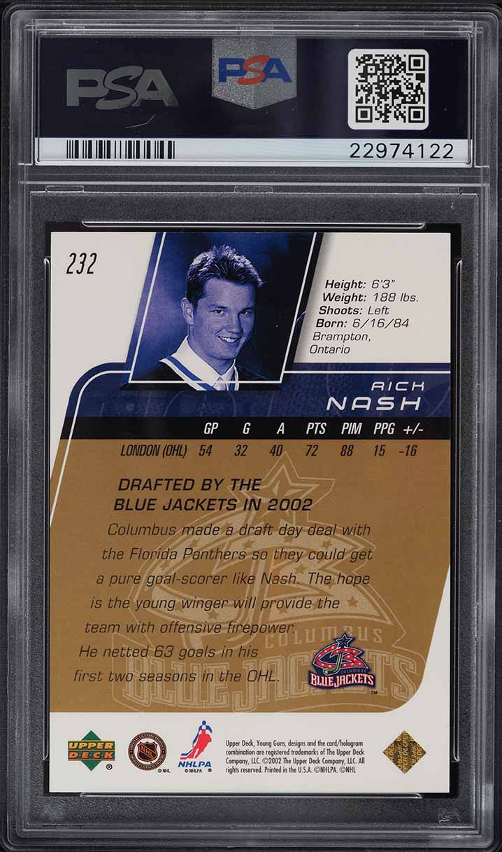 2002 Upper Deck Young Guns Exclusives Rick Nash ROOKIE /75 #232 PSA 10 GEM MINT