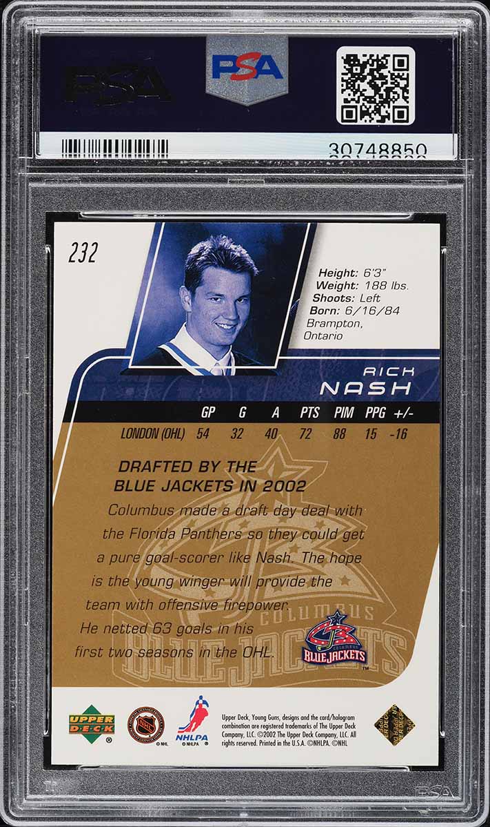 2002 Upper Deck Young Guns Exclusives Rick Nash ROOKIE /75 #232 PSA 10 GEM MINT
