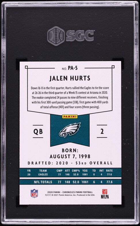 2020 Panini Chronicles Jalen Hurts ROOKIE #PA-5 SGC 9 MINT
