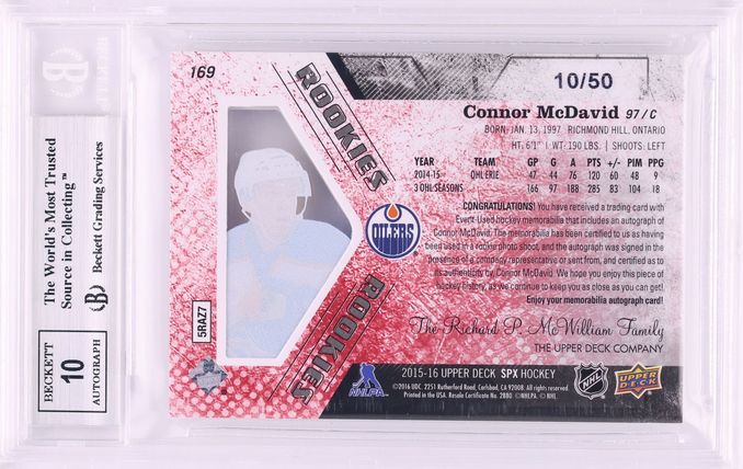 2015 SPx Red Connor McDavid ROOKIE PATCH AUTO /50 #169 BGS 8.5 NM-MT+