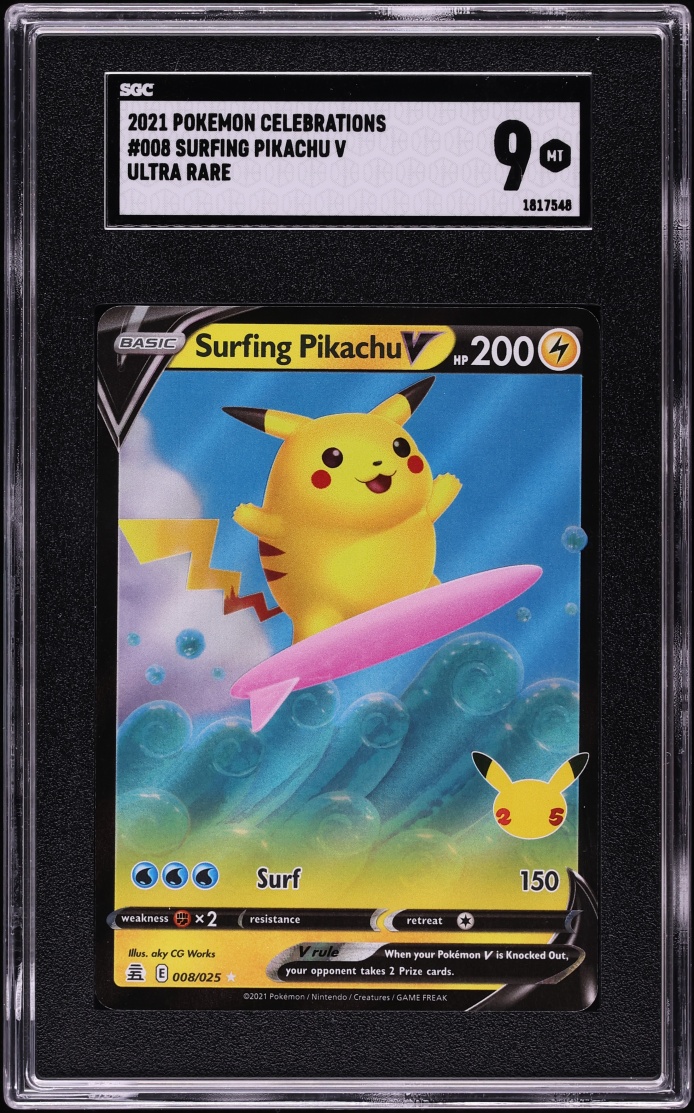 2021 Pokemon Sword & Shield Celebrations Holo Surfing Pikachu V #8 SGC 9 MINT