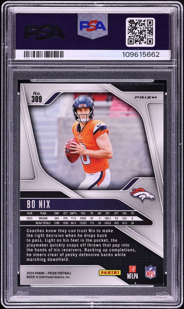 2024 Panini Prizm Neon Green Pulsar Bo Nix ROOKIE #309 PSA 10 GEM MINT