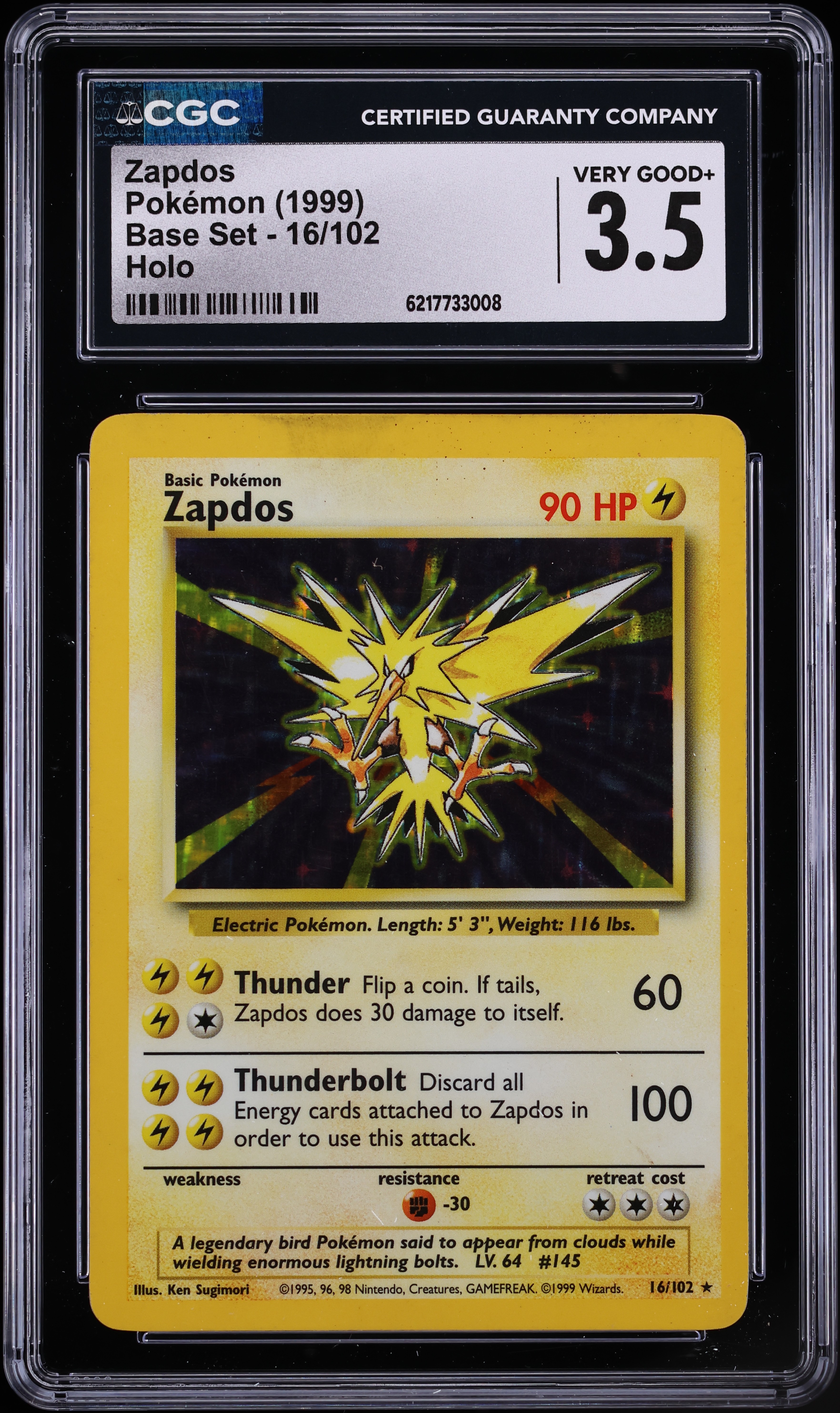1999 Pokemon Base Set Holo Zapdos #16 CGC 3.5 VG+