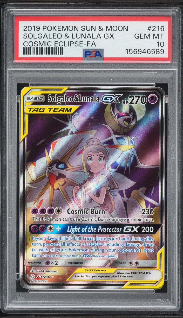 2019 Pokemon Sun & Moon Cosmic Eclipse Full Art Solgaleo & Lunala GX #216 PSA 10 GEM MINT